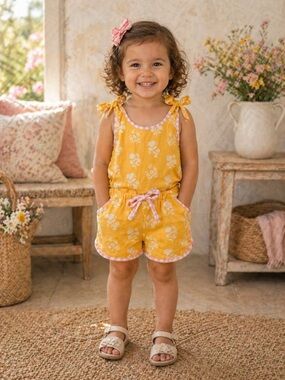 🌼 SWEET HONEY 🌼 Yellow Floral Tie-Shoulder Toddler Romper 2T (018)